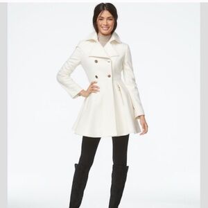 Shelli Segal Flare Wool Coat in White with Gold Buttons